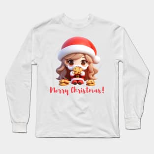 Chibi Kawaii Santa Claus Eating Cookies Long Sleeve T-Shirt